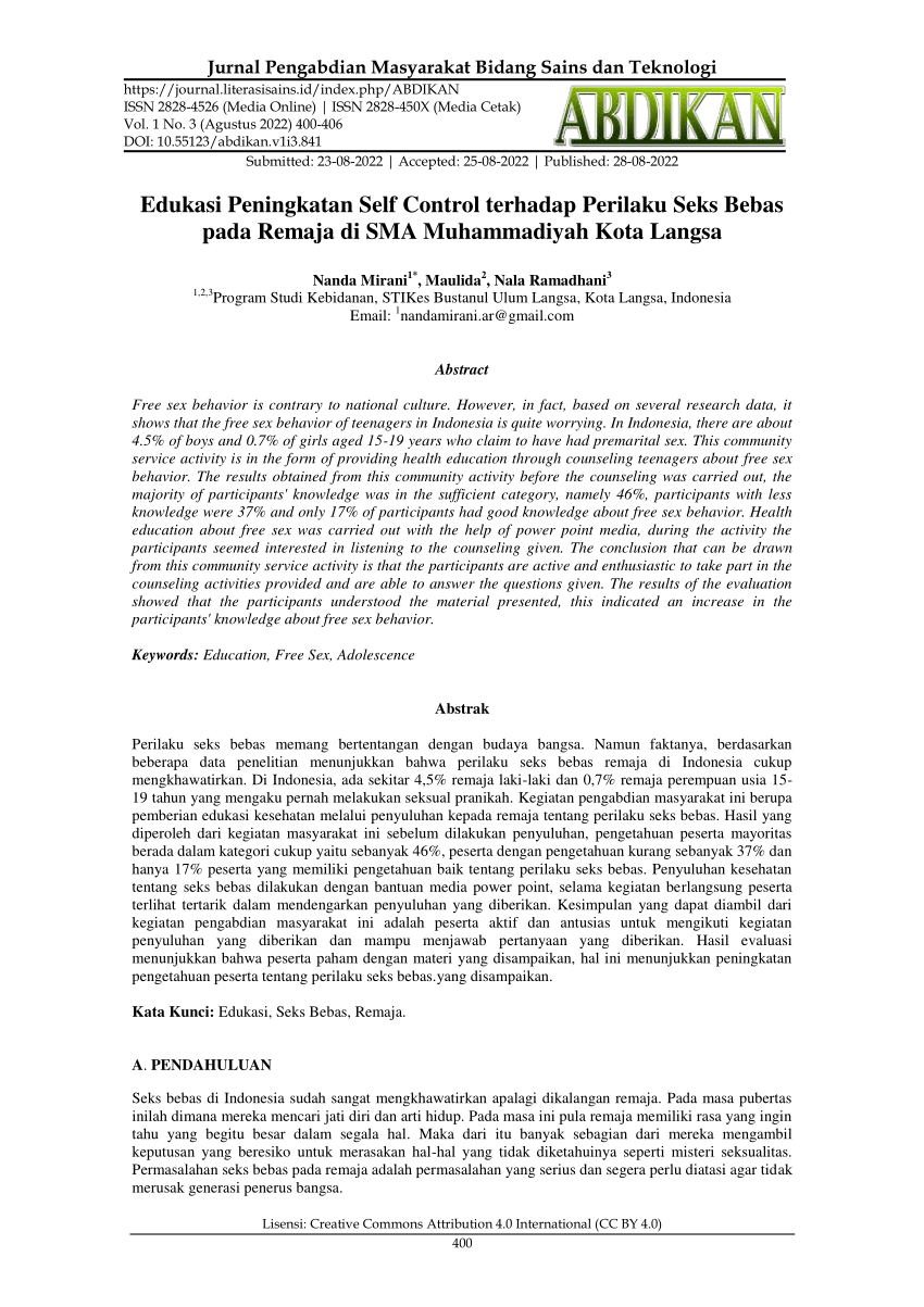 Pdf Edukasi Peningkatan Self Control Terhadap Perilaku Seks Bebas Pada Remaja Di Sma 0830