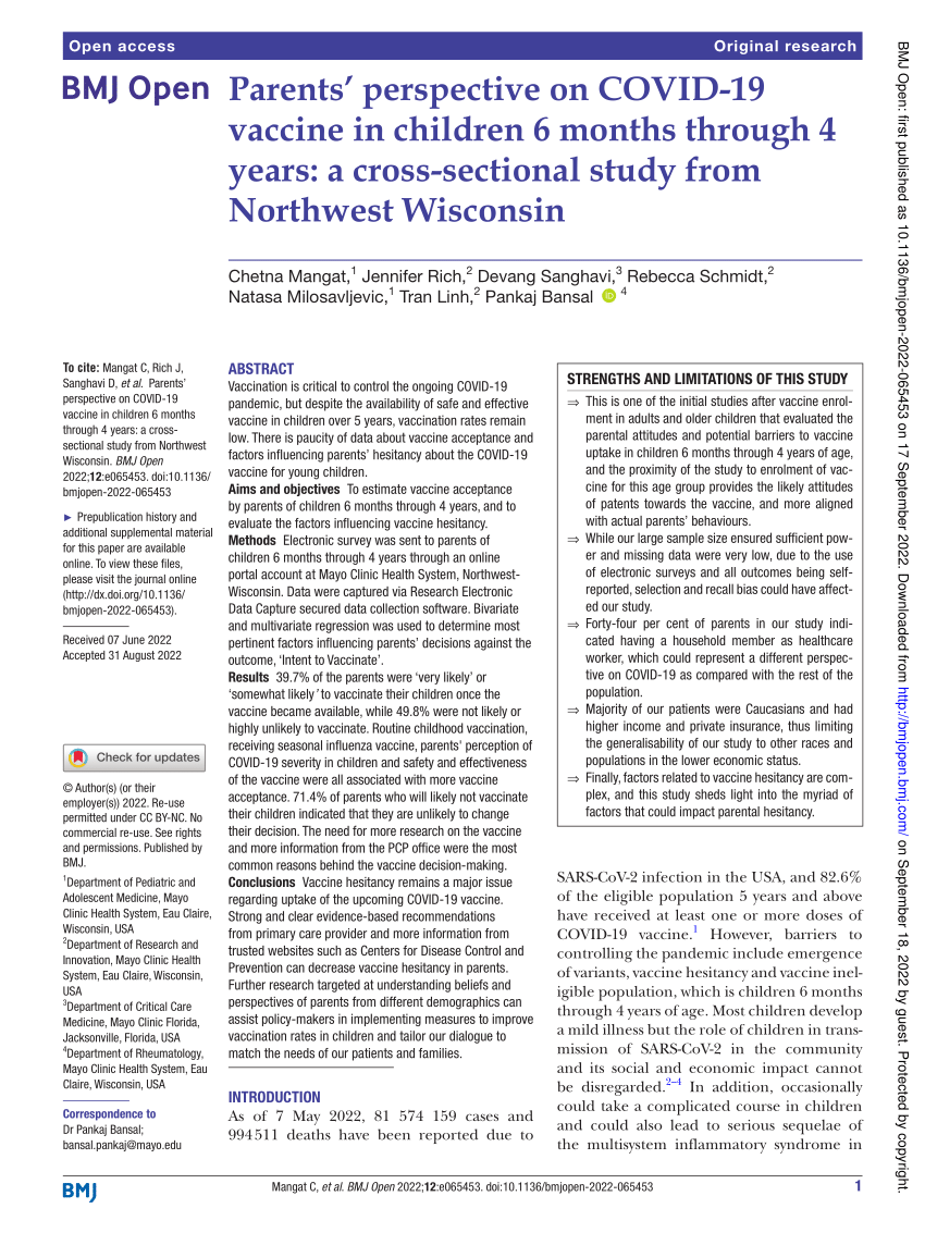 PDF) Parents' perspective on COVID-19 vaccine in children 6 months through  4 years: a cross-sectional study from Northwest Wisconsin