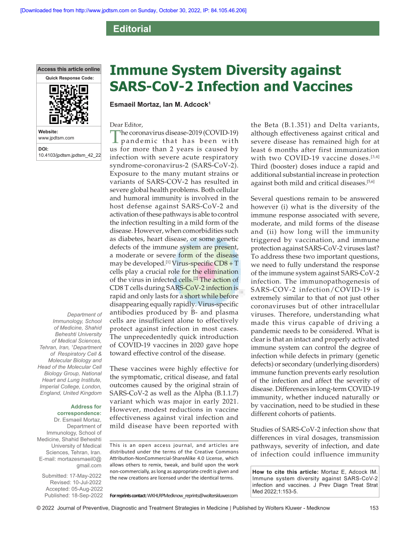 Pdf Immune System Diversity Against Sars Cov 2 Infection And Vaccines