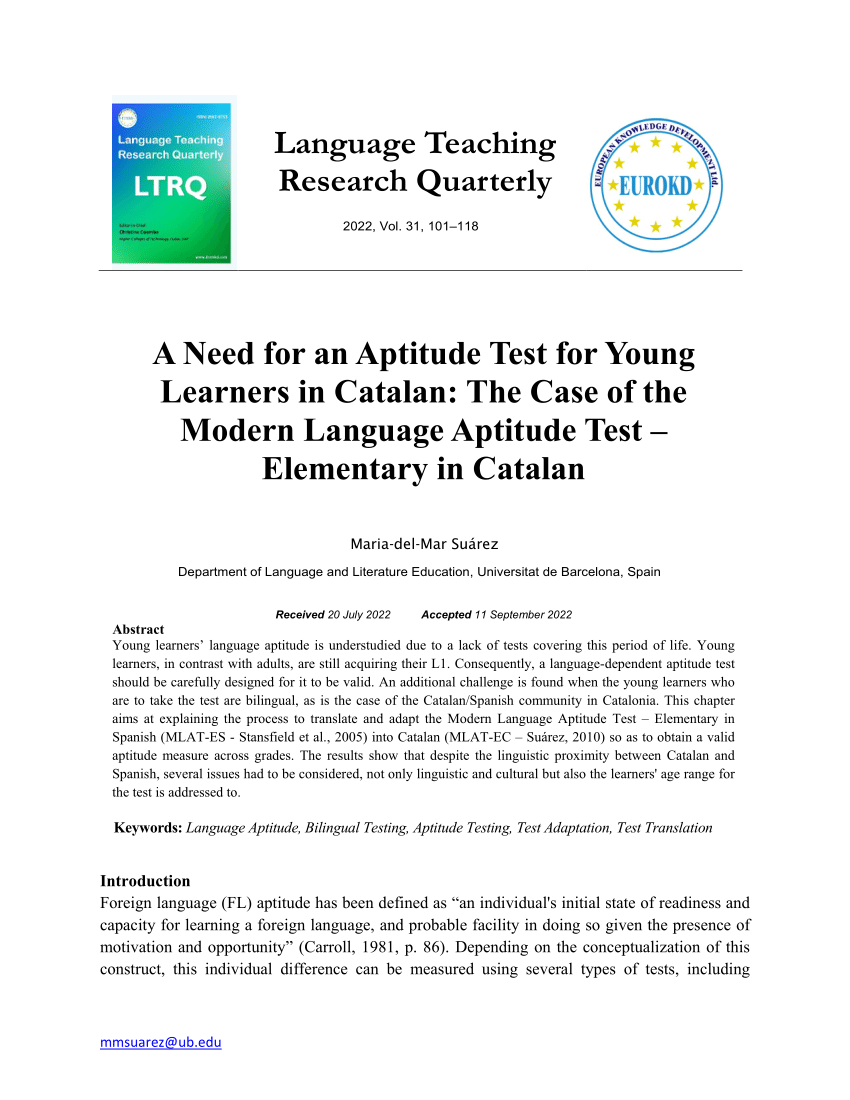  PDF A Need For An Aptitude Test For Young Learners In Catalan The Case Of The Modern Language