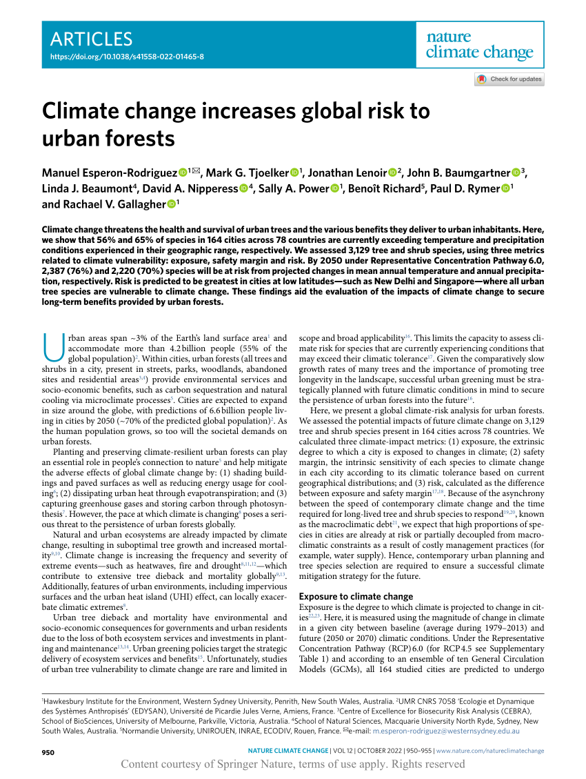 Climate change increases global risk to urban forests Request PDF