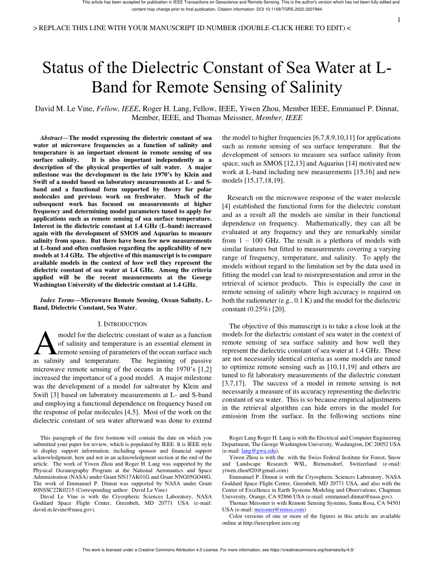 pdf-status-of-the-dielectric-constant-of-sea-water-at-l-band-for-remote-sensing-of-salinity