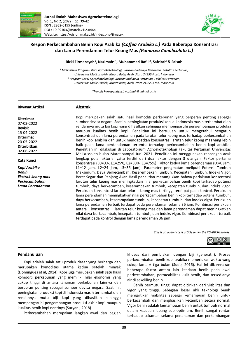 Pdf Respon Perkecambahan Benih Kopi Arabika Coffea Arabika L Pada Beberapa Konsentrasi Dan 0788