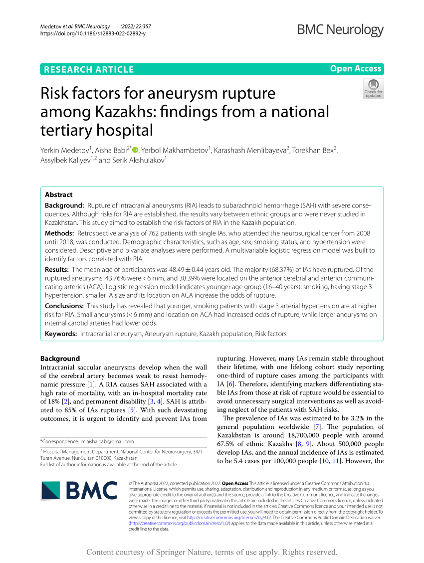 PDF Risk factors for aneurysm rupture among Kazakhs findings  