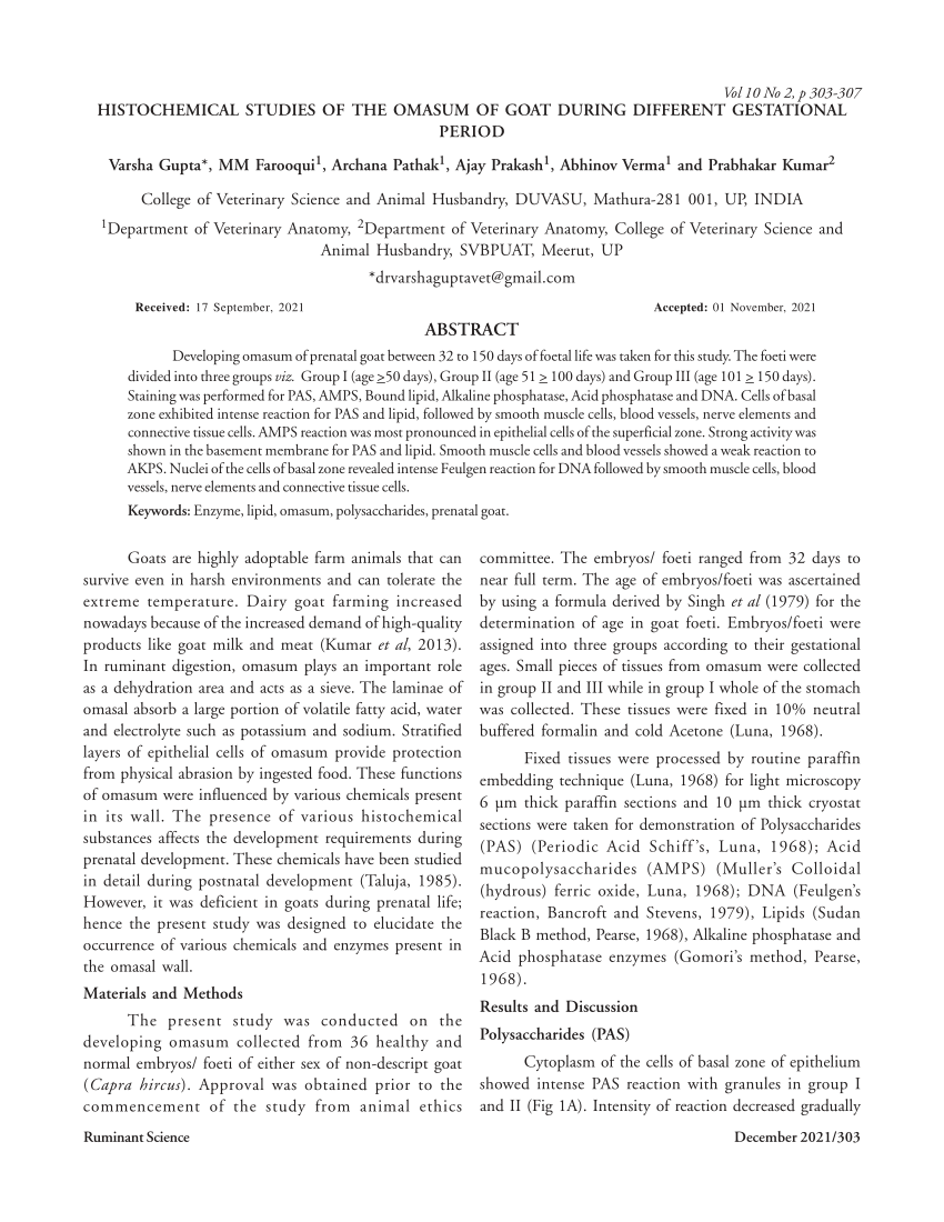 (PDF) HISTOCHEMICAL STUDIES OF THE OMASUM OF GOAT DURING DIFFERENT