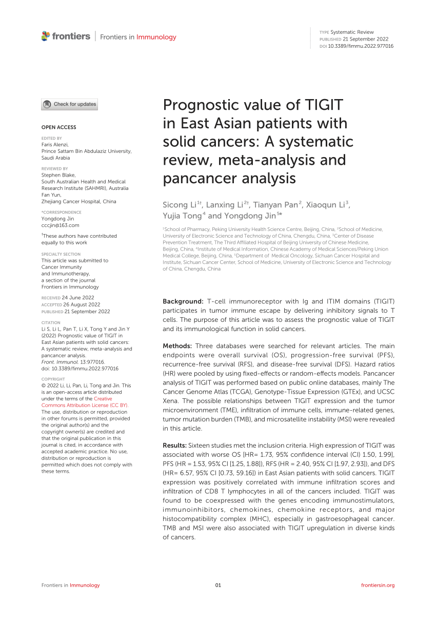 Pdf Prognostic Value Of Tigit In East Asian Patients With Solid