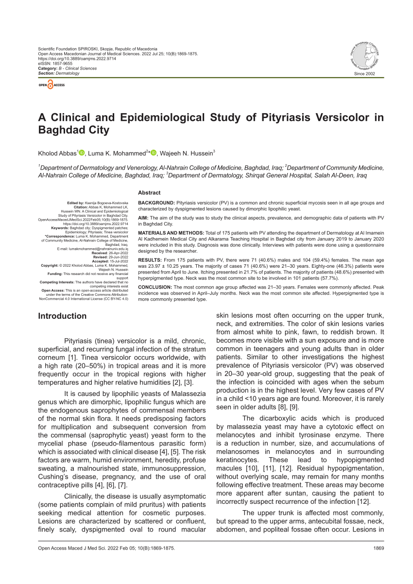 PDF) A Clinical and Epidemiological Study of Pityriasis Versicolor