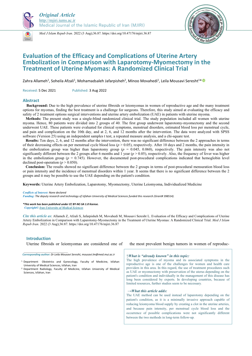 Pdf Evaluation Of The Efficacy And Complications Of Uterine Artery Embolization In Comparison 