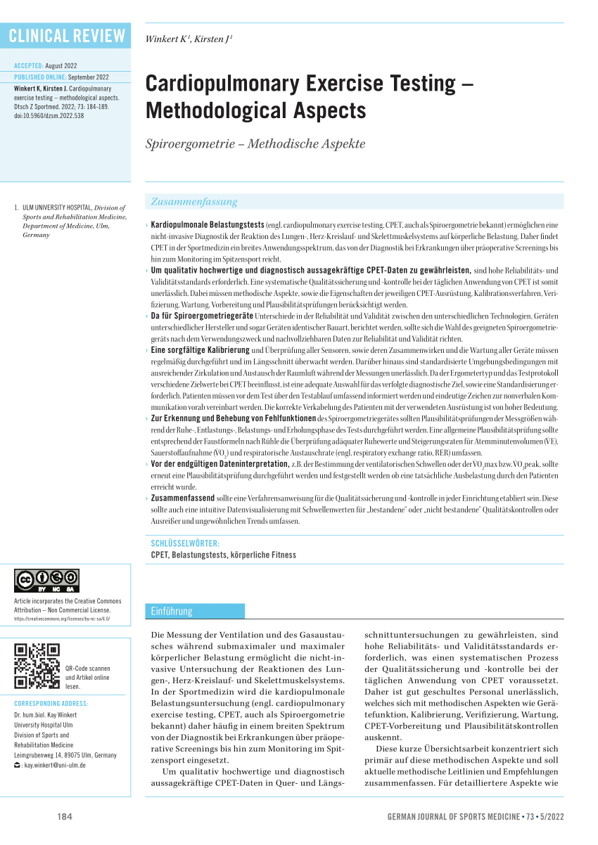 Pdf Cardiopulmonary Exercise Testing Methodological Aspects