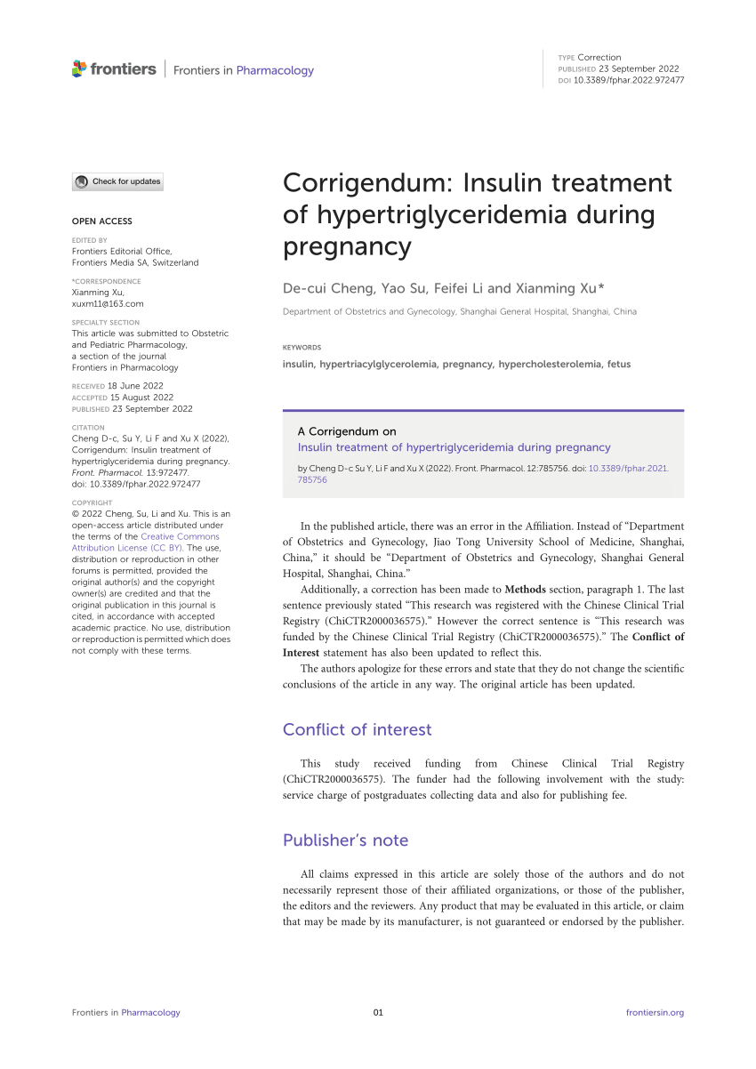 Pdf Corrigendum Insulin Treatment Of Hypertriglyceridemia During Pregnancy