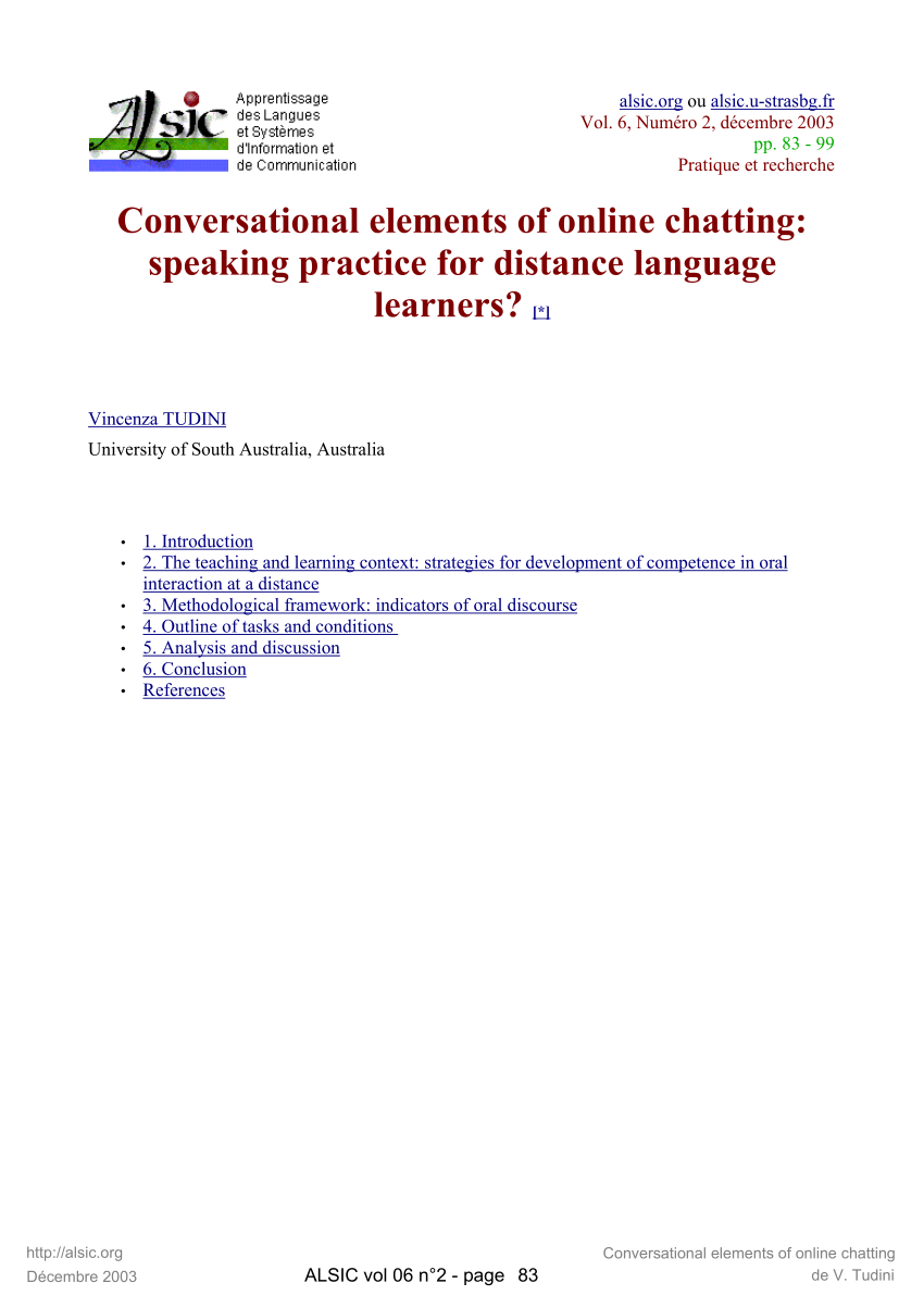 Pdf Conversational Elements Of Online Chatting Speaking Practice For Distance Language Learners