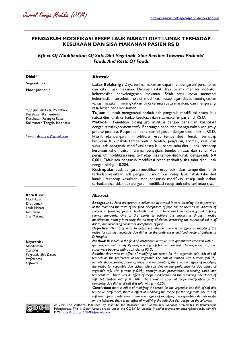 (PDF) Pengaruh Modifikasi Resep Lauk Nabati Diet Lunak terhadap