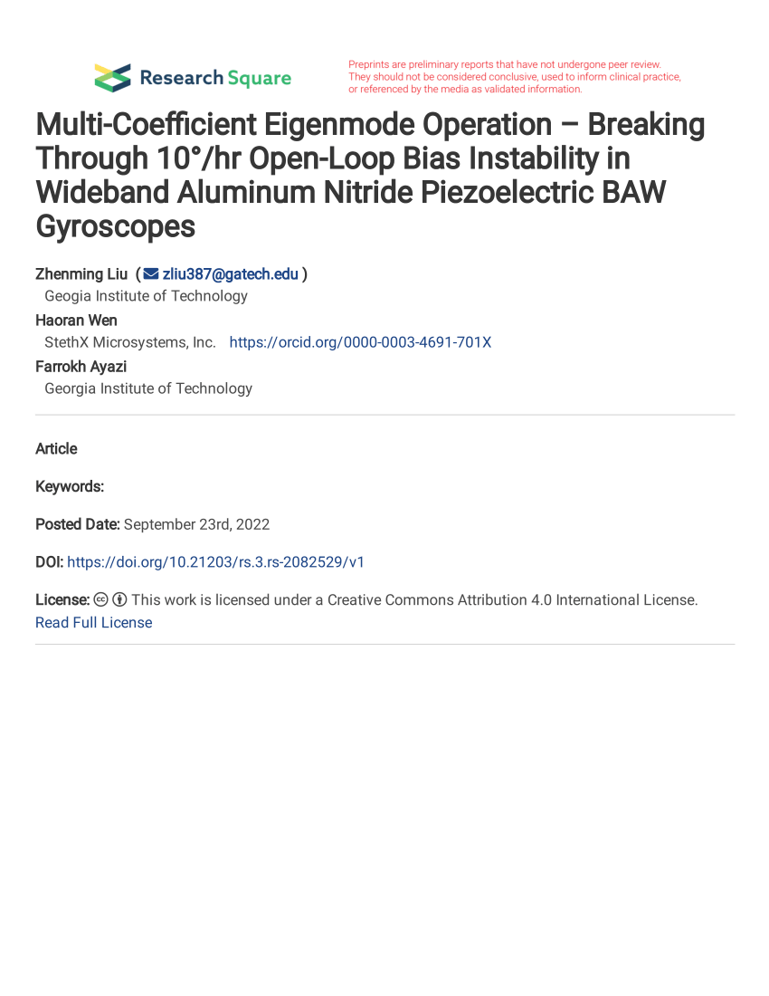 Multi-coefficient eigenmode operation—breaking through 10°/h open-loop bias  instability in wideband aluminum nitride piezoelectric BAW gyroscopes
