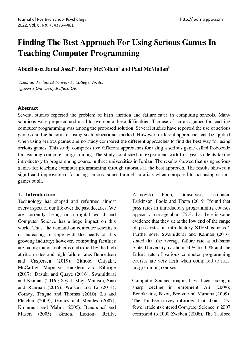 PDF) Finding The Best Approach For Using Serious Games In Teaching Computer  Programming