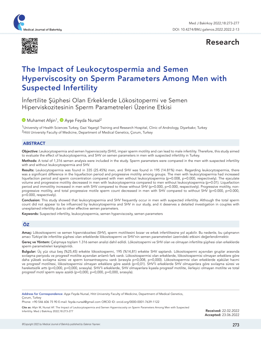 Pdf The Impact Of Leukocytospermia And Semen Hyperviscosity On Sperm Parameters Among Men With 0697