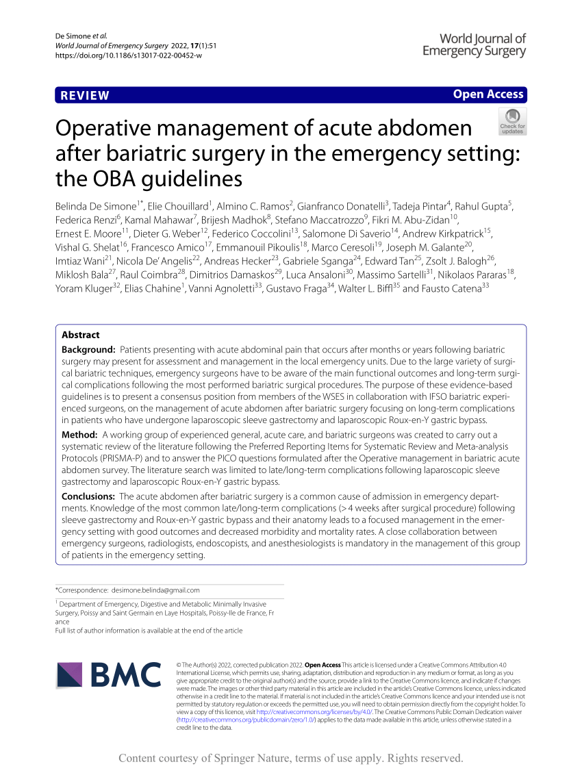 Operative management of acute abdomen after bariatric surgery in the  emergency setting: the OBA guidelines, World Journal of Emergency Surgery