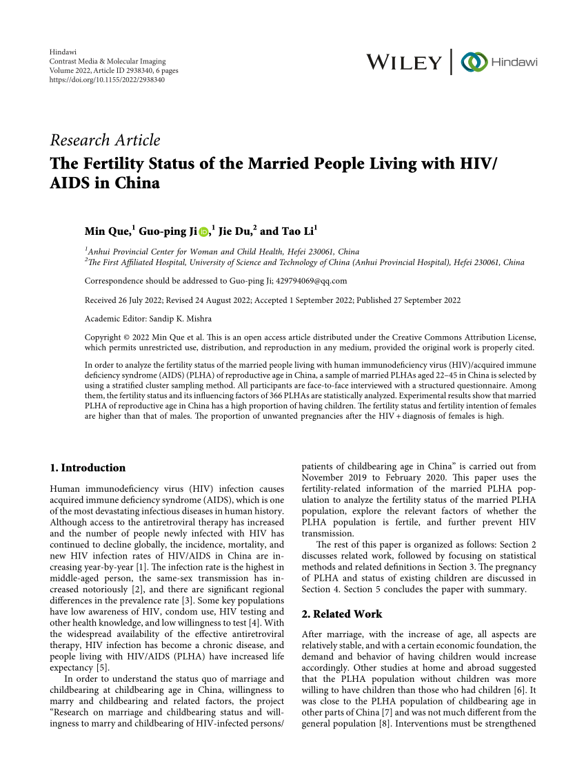 Pdf The Fertility Status Of The Married People Living With Hivaids In China 