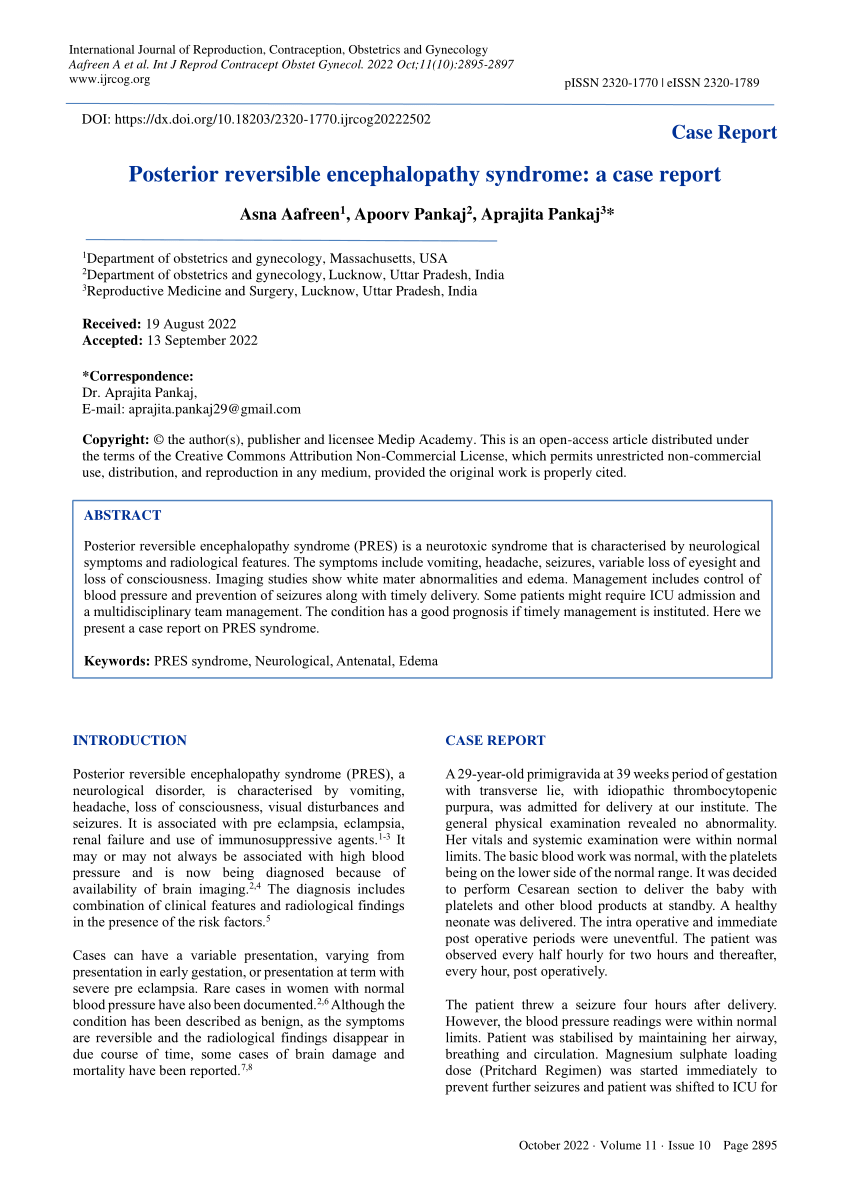 Pdf Posterior Reversible Encephalopathy Syndrome A Case Report 6812