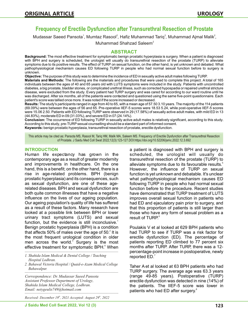 PDF Frequency of Erectile Dysfunction after Transurethral