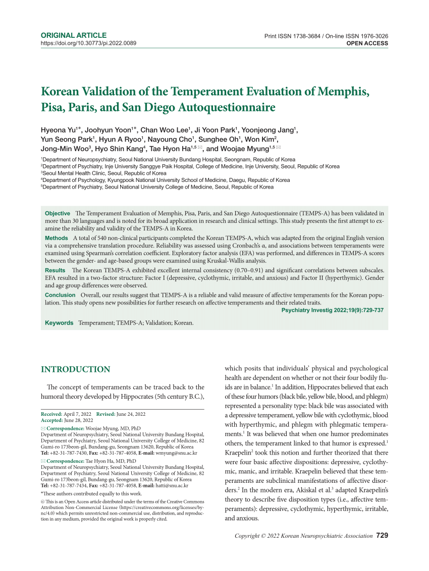 PDF) Korean Validation of the Temperament Evaluation of Memphis