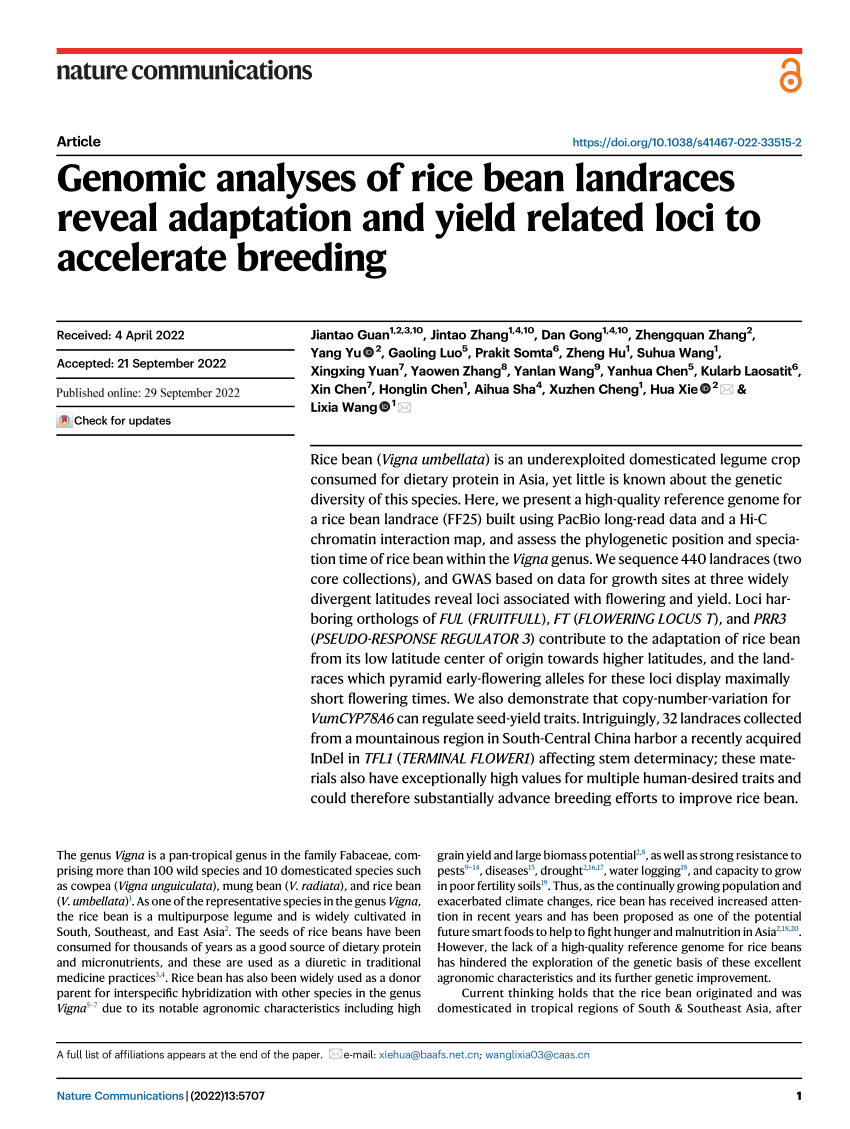 PDF) Genomic analyses of rice bean landraces reveal adaptation and yield  related loci to accelerate breeding