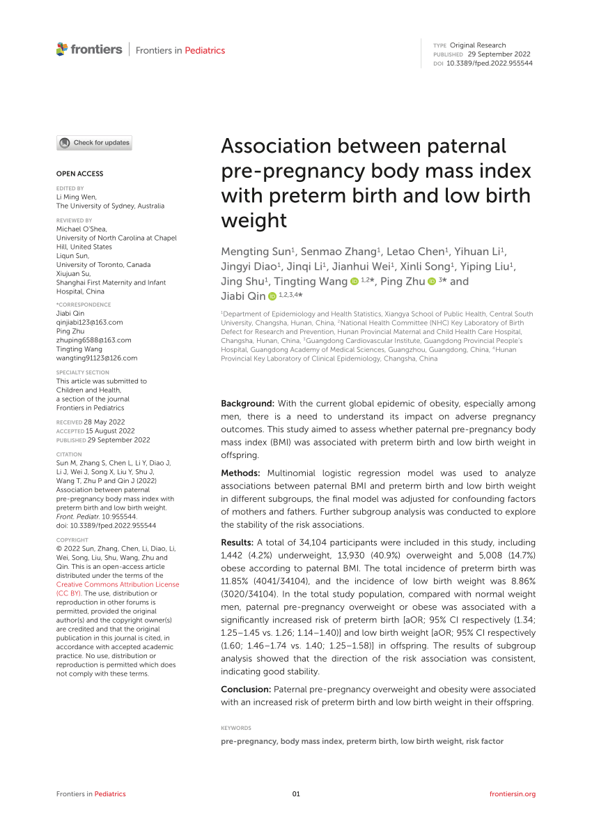 Pdf Association Between Paternal Pre Pregnancy Body Mass Index With Preterm Birth And Low 0218