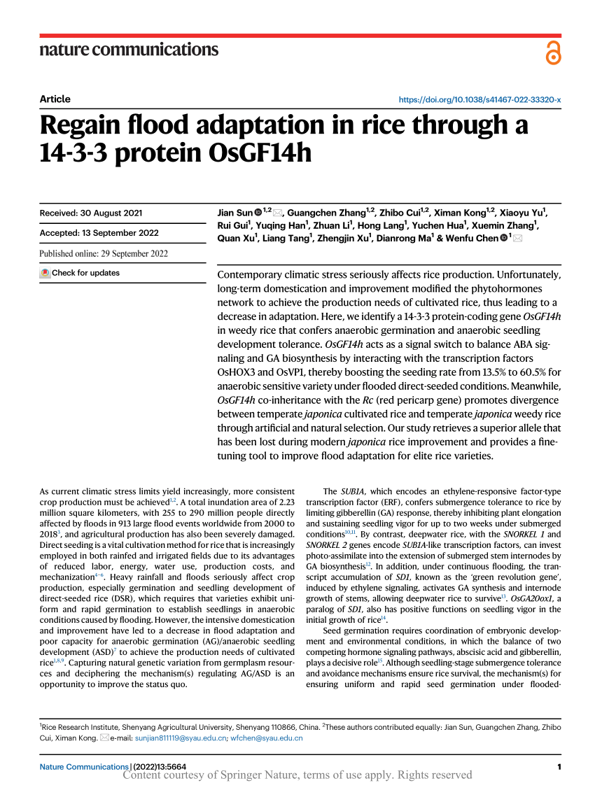 PDF) Regain flood adaptation in rice through a 14-3-3 protein OsGF14h