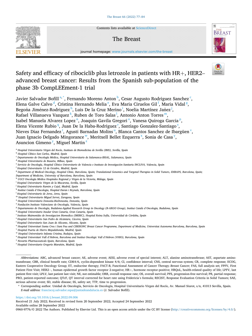 PDF) Safety and efficacy of ribociclib plus letrozole in patients with HR+, advanced breast Results from the Spanish sub-population of the phase 3b CompLEEment-1