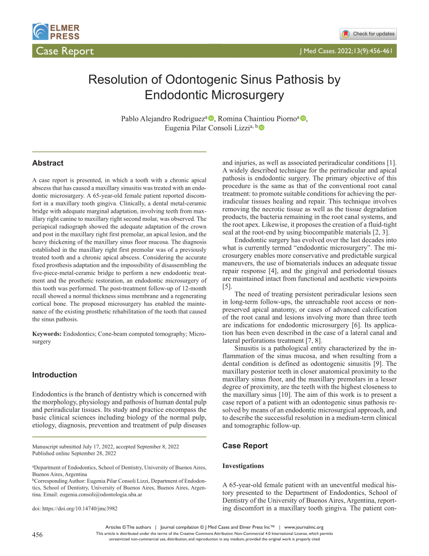 PDF) Resolution of Odontogenic Sinus Pathosis by Endodontic