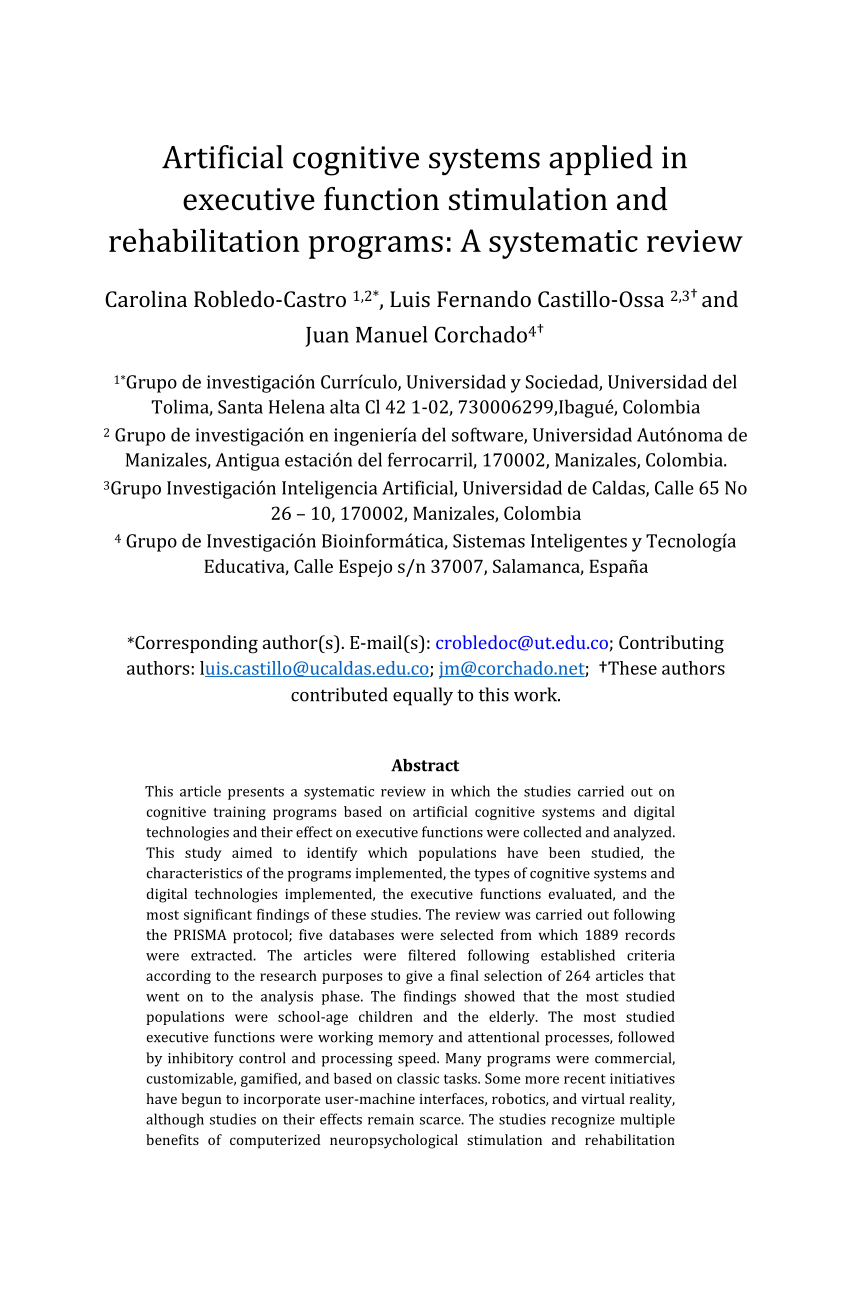 PDF) Artificial Cognitive Systems Applied in Executive Function Stimulation  and Rehabilitation Programs: A Systematic Review