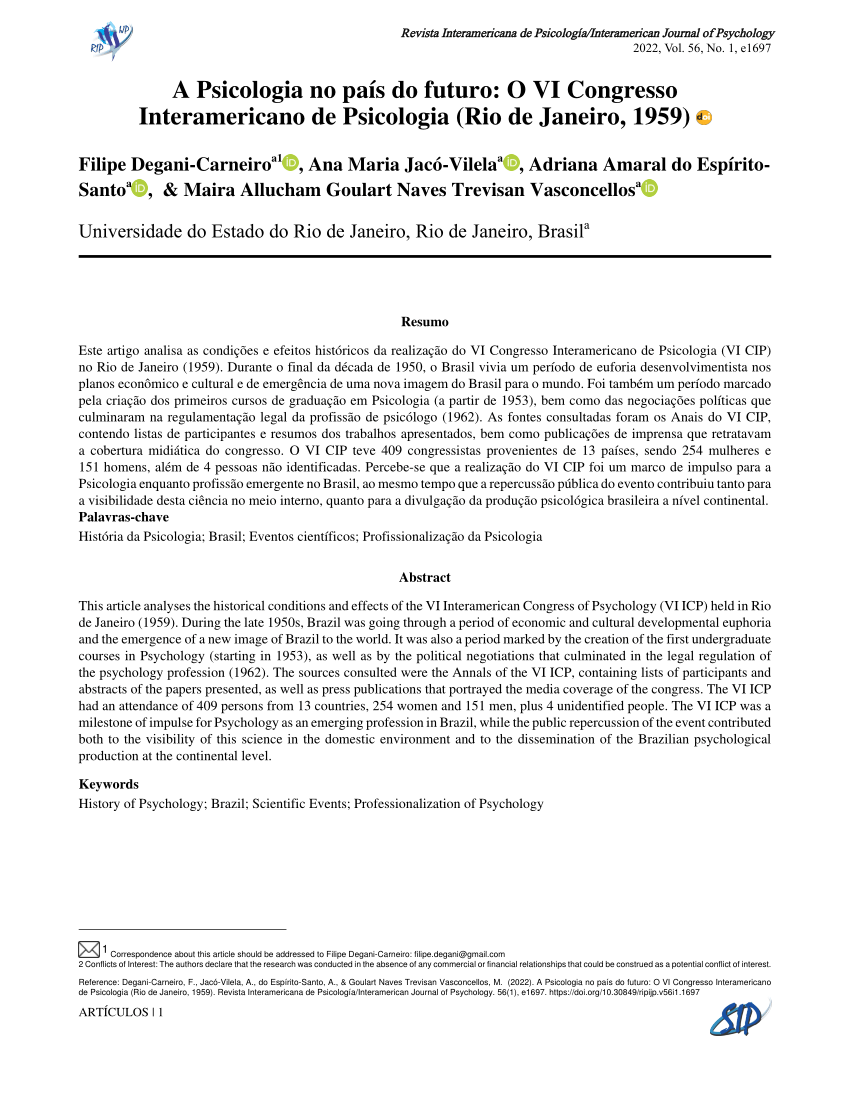 (PDF) A Psicologia no país do futuro O VI Congresso Interamericano de