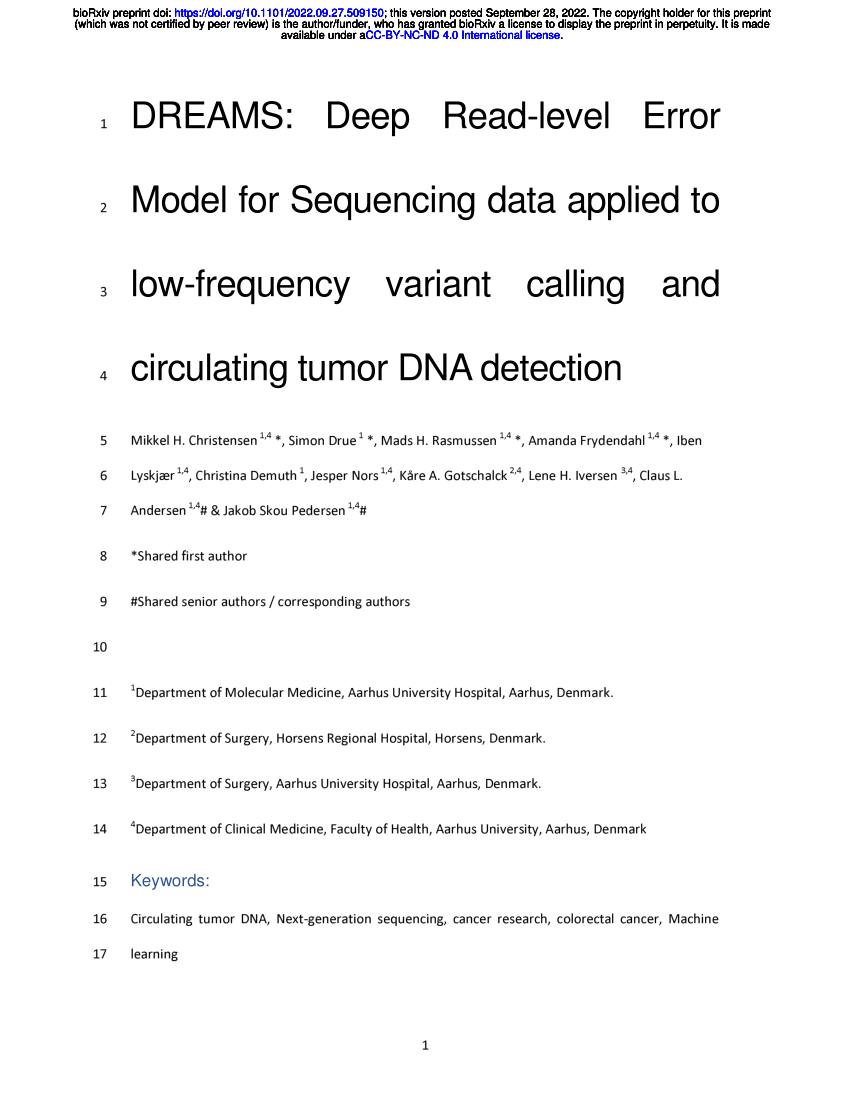 DREAMS: deep read-level error model for sequencing data applied to  low-frequency variant calling and circulating tumor DNA detection, Genome  Biology