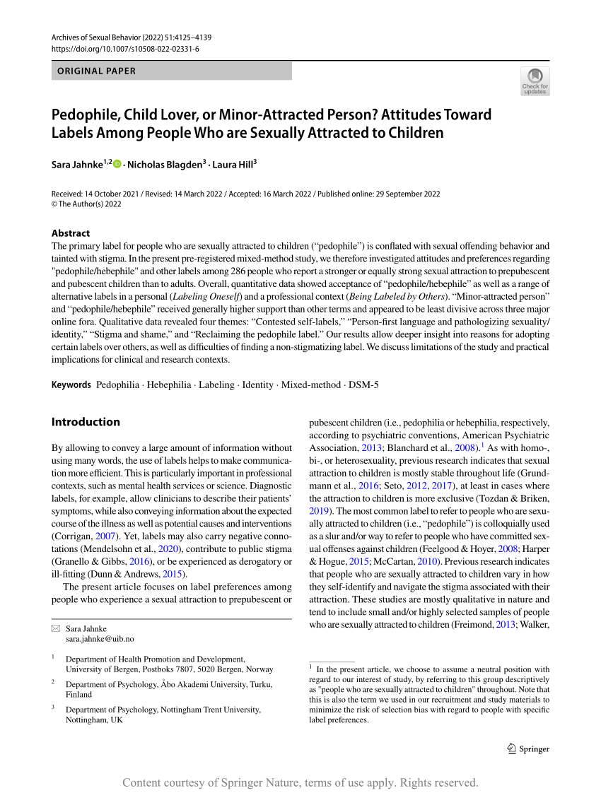 PDF) Pedophile, Child Lover, or Minor-Attracted Person? Attitudes Toward  Labels Among People Who are Sexually Attracted to Children