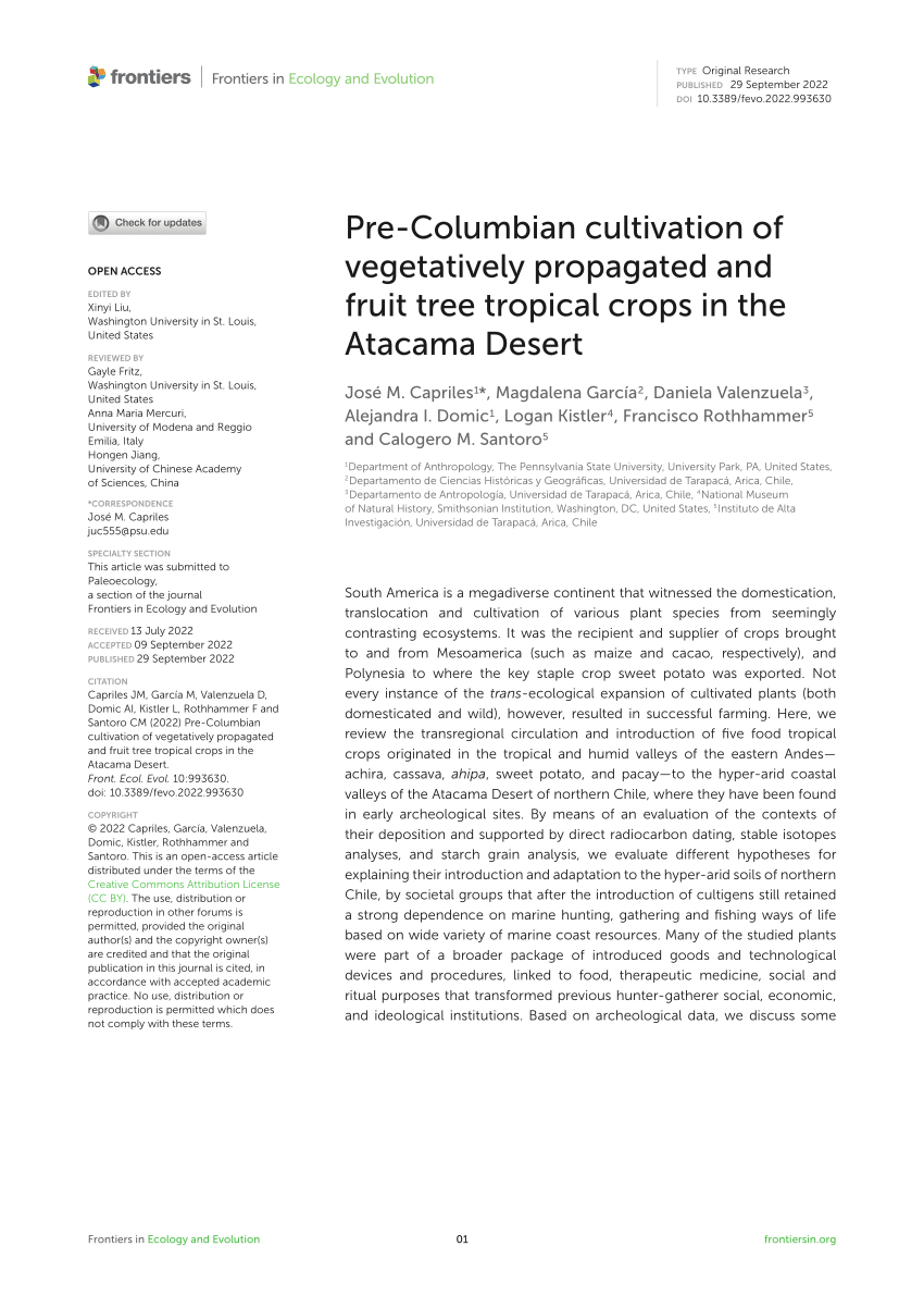 Frontiers  Pre-Columbian cultivation of vegetatively propagated and fruit  tree tropical crops in the Atacama Desert