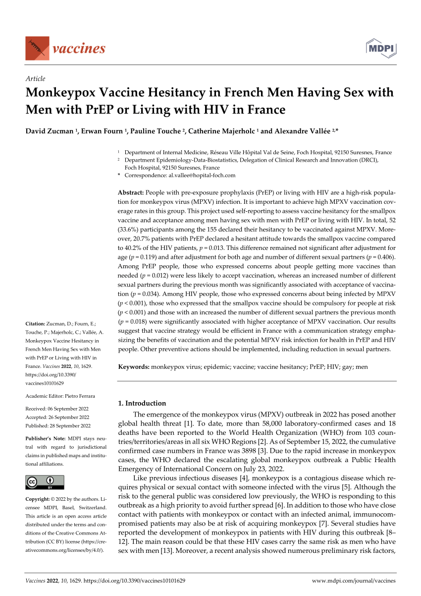 PDF) Monkeypox Vaccine Hesitancy in French Men Having Sex with Men with  PrEP or Living with HIV in France