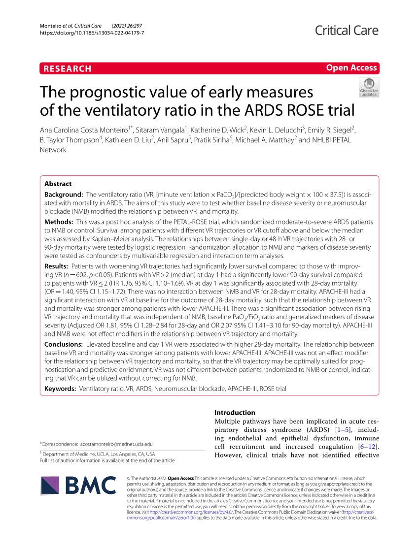 Pdf The Prognostic Value Of Early Measures Of The Ventilatory Ratio