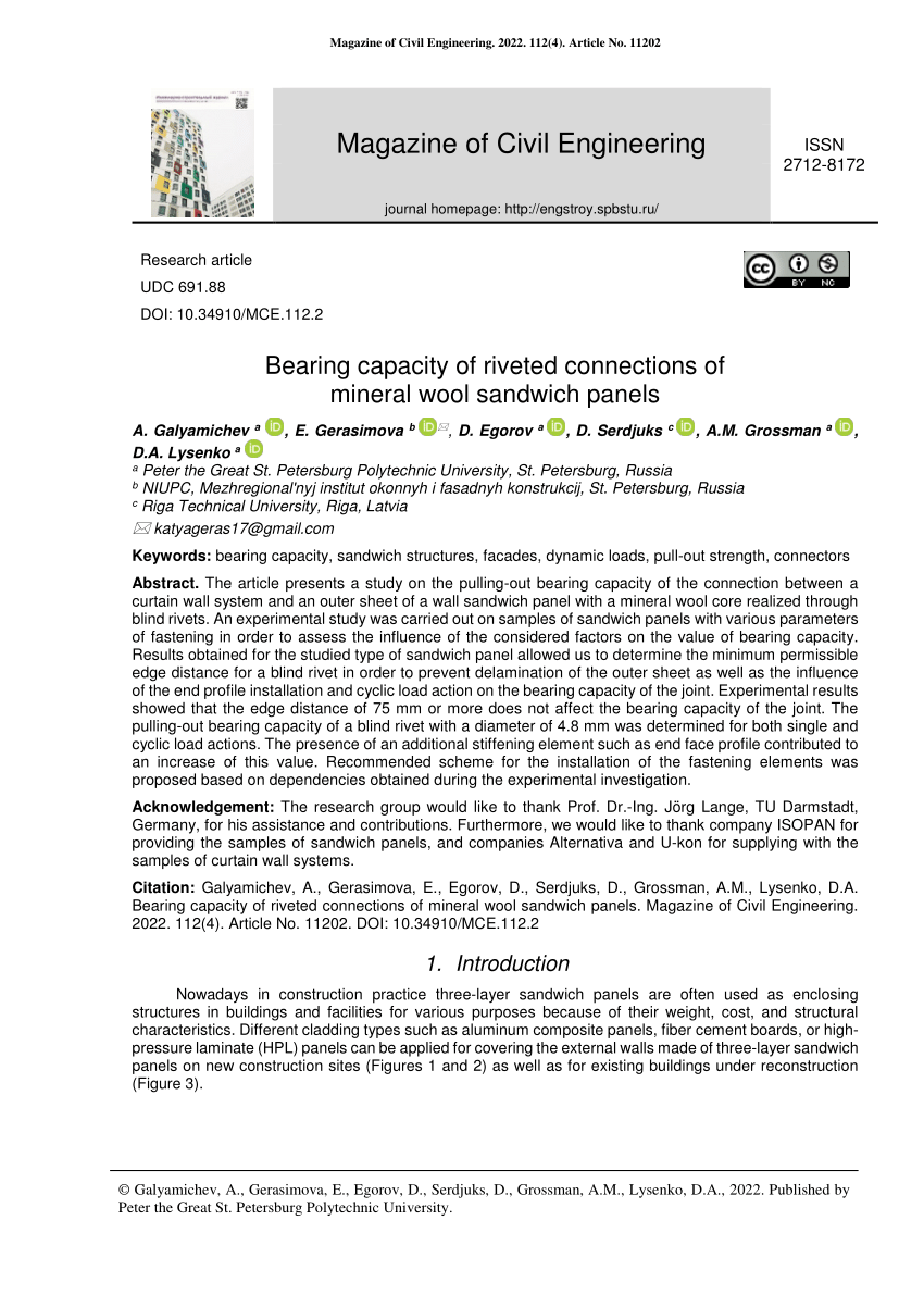 (PDF) Bearing capacity of riveted connections of mineral wool sandwich ...