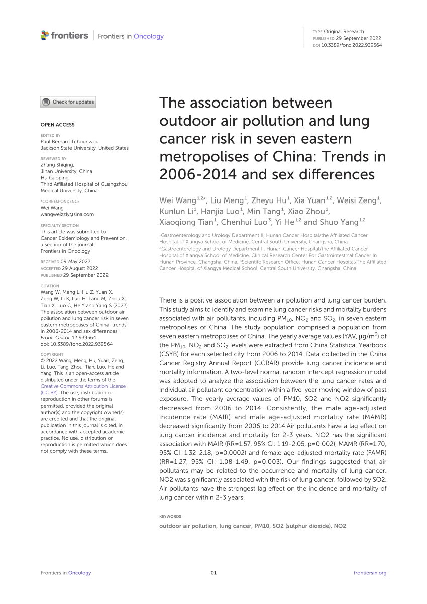 Pdf The Association Between Outdoor Air Pollution And Lung Cancer Risk In Seven Eastern 7392