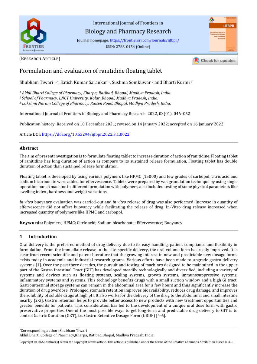 (PDF) Formulation and evaluation of ranitidine floating tablet