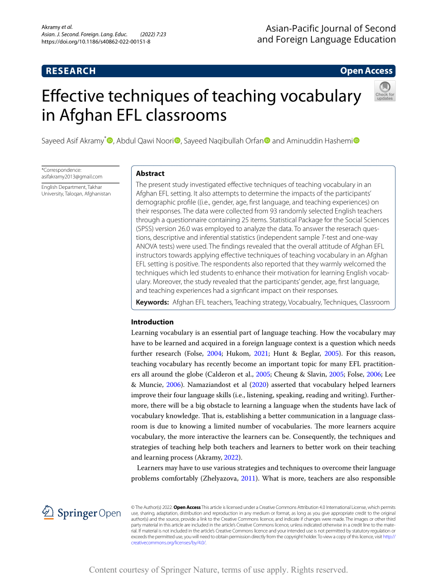 PDF) Effective techniques of teaching vocabulary in Afghan EFL classrooms