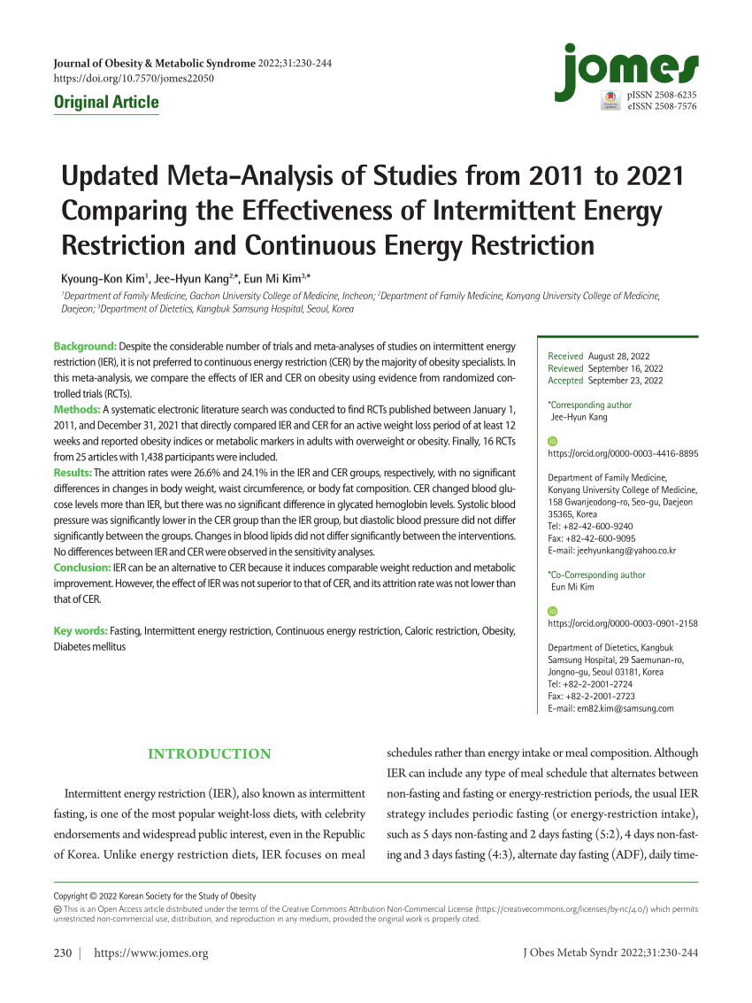 PDF) Updated Meta-Analysis of Studies from 2011 to 2021 Comparing the Effectiveness of Intermittent Energy Restriction and Continuous Energy Restriction photo