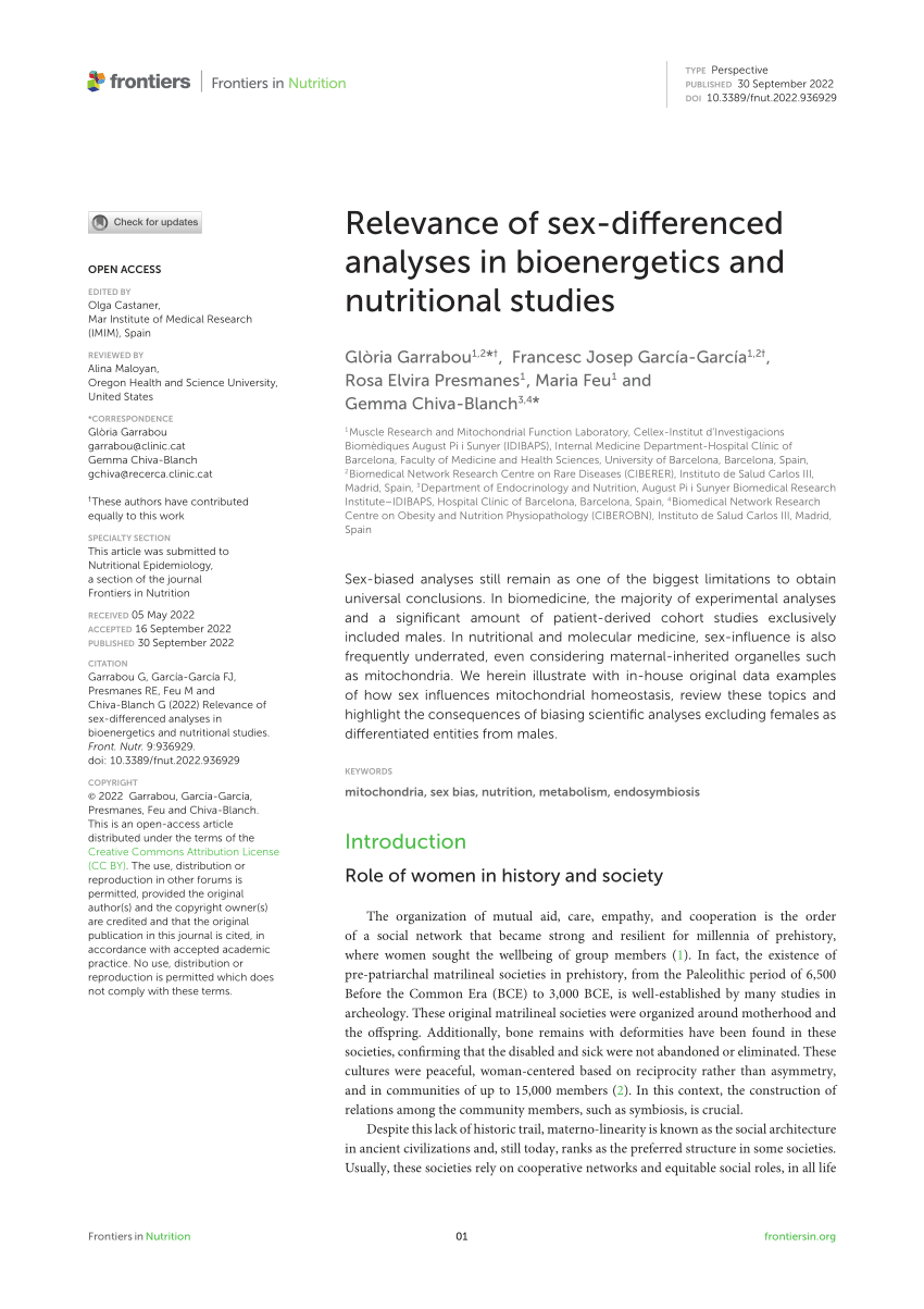 Pdf Relevance Of Sex Differenced Analyses In Bioenergetics And