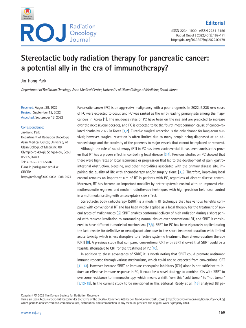 Pdf Stereotactic Body Radiation Therapy For Pancreatic Cancer A Potential Ally In The Era Of 7444
