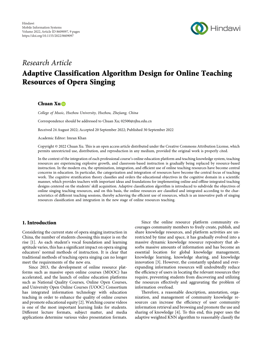 Man Sparrow Get acquainted PDF) Adaptive Classification Algorithm Design for Online Teaching Resources  of Opera Singing