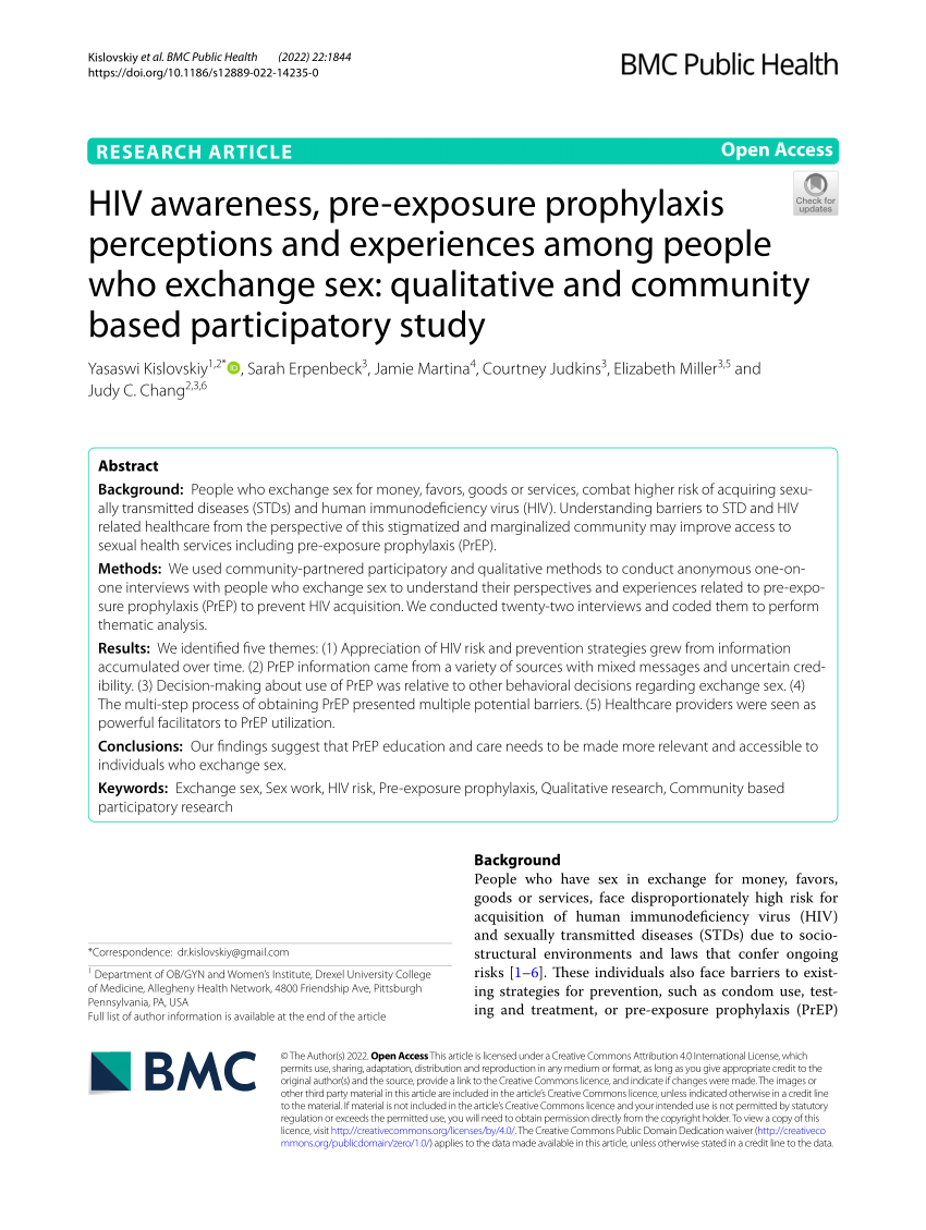 PDF) HIV awareness, pre-exposure prophylaxis perceptions and experiences  among people who exchange sex: qualitative and community based  participatory study