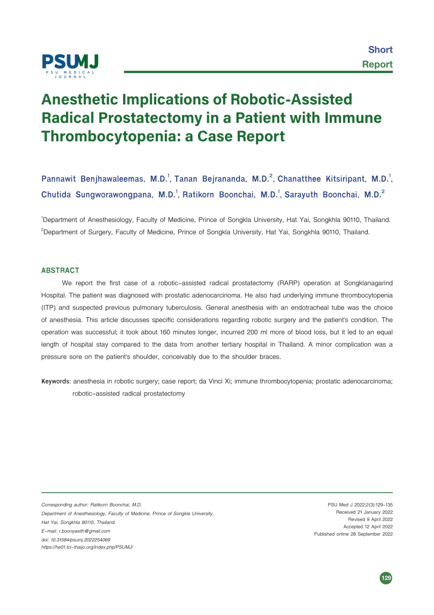 Pdf Anesthetic Implications Of Robotic Assisted Radical Prostatectomy In A Patient With Immune