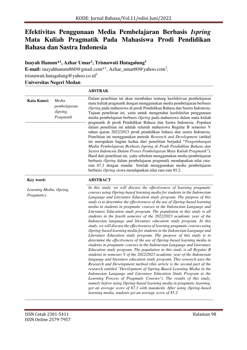 Pdf Efektivitas Penggunaan Media Pembelajaran Berbasis Ispring Mata Kuliah Pragmatik Pada 4846