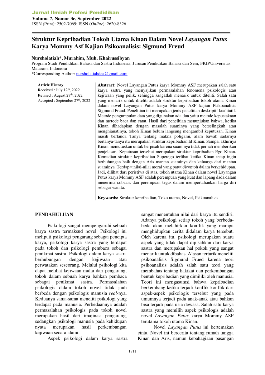 Pdf Struktur Kepribadian Tokoh Utama Kinan Dalam Novel Layangan Putus Karya Mommy Asf Kajian 9561