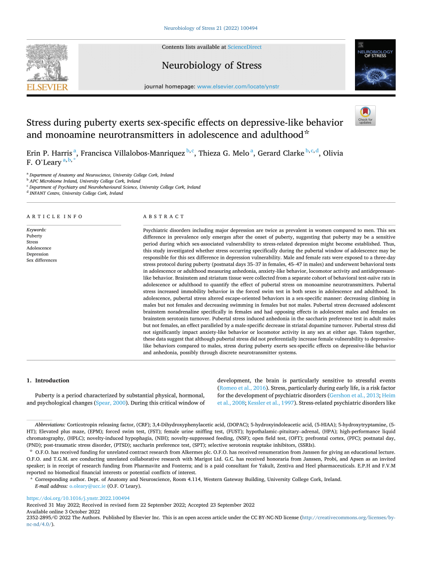 Pdf Stress During Puberty Exerts Sex Specific Effects On Depressive Like Behavior And 2334