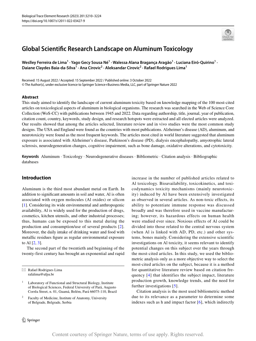 Global Scientific Research Landscape on Aluminum Toxicology